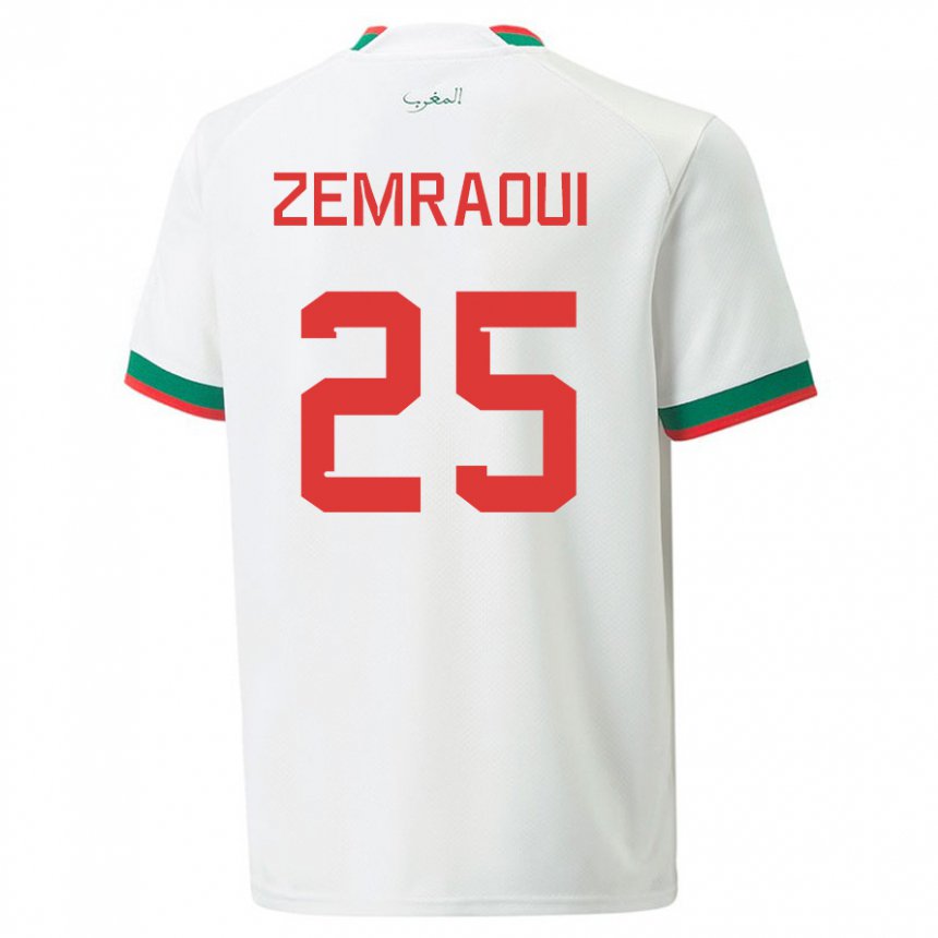 Hombre Camiseta Marruecos Oussama Zemraoui #25 Blanco 2ª Equipación 22-24 La Camisa Chile