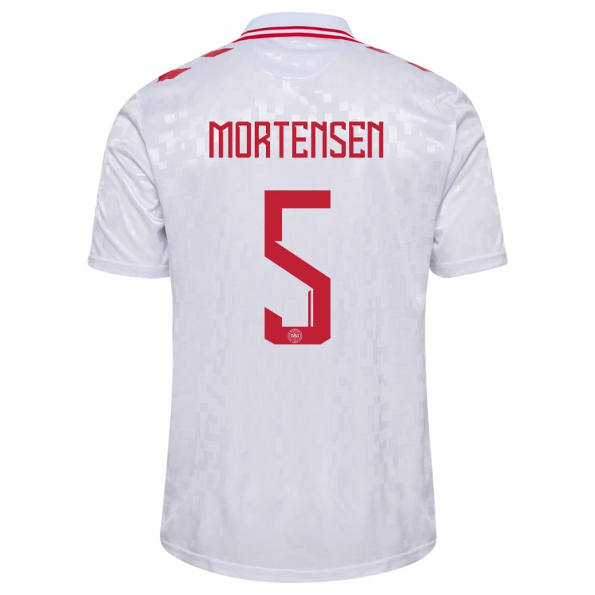 Mujer Camiseta Dinamarca Gustav Mortensen #5 Blanco 2ª Equipación 24-26 La Camisa Chile