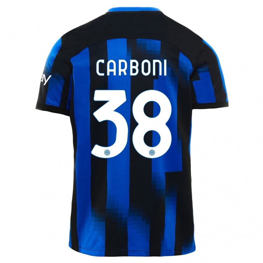 Mujer Camiseta Valentin Carboni #38 Azul Negro 1ª Equipación 2023/24 La Camisa Chile