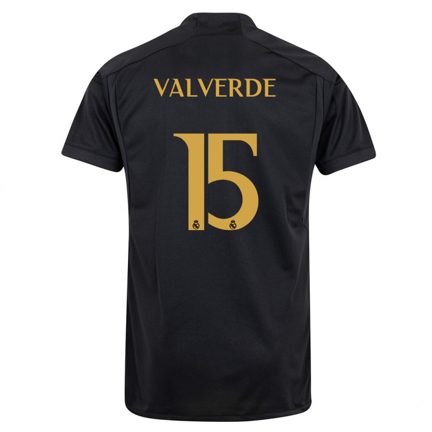 Mujer Camiseta Federico Valverde #15 Negro Equipación Tercera 2023/24 La Camisa Chile